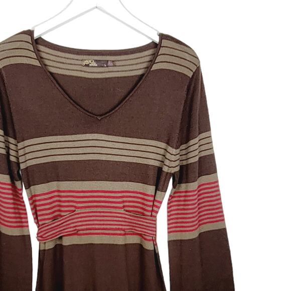 PRANA Brown Striped Sydney Bell Sleeve Belted Knit V-Neck Sweater Dress - M - Picture 4 of 9